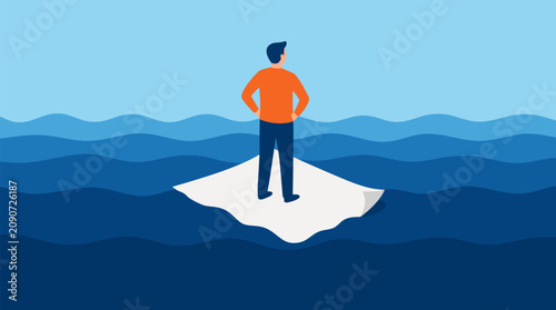 Confident man on tiny folded paper raft surrounded by layered ocean waves, clean vector illustration of financial instability, isolation, rising challenges, climate anxiety and uncertain future
