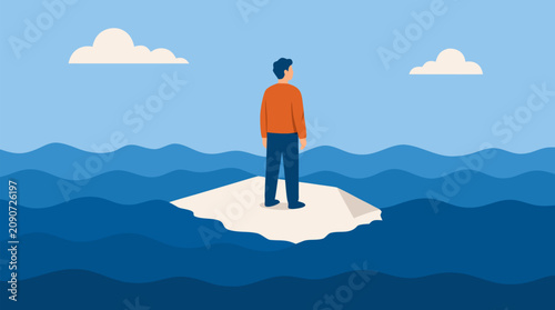 Isolated man standing on a shrinking paper island amid rising blue waves, minimalist vector metaphor for climate risk, debt pressure, uncertainty, crisis, resilience and survival at sea