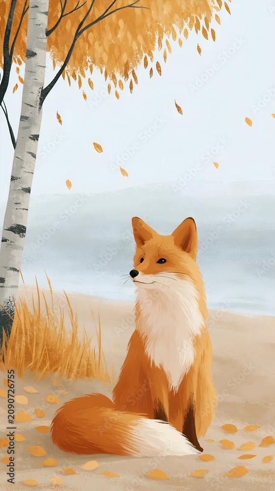 Fototapeta premium Cute fox resting in autumn leaves near birch tree by water