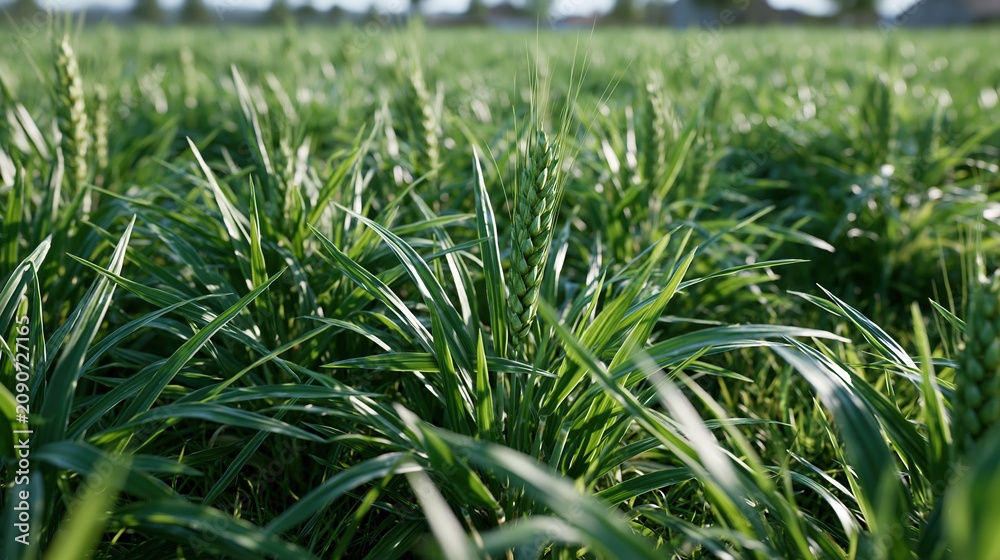 Obraz premium Lush Green Wheat Field in Early Growth Stage Under Bright Sunlight, Agricultural Landscape