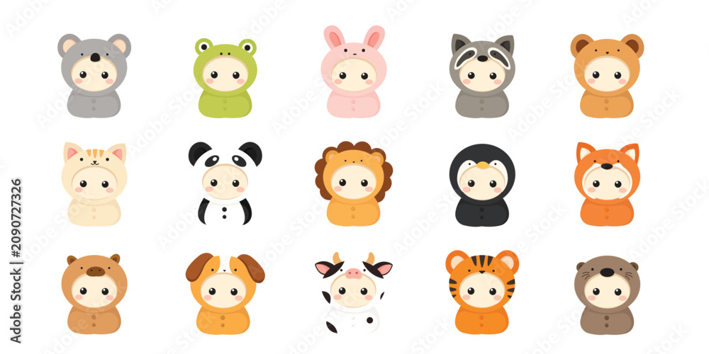 Fototapeta premium Cute animal hood characters set with bear, cat, capybara, penguin, etc clipart and sticker collection
