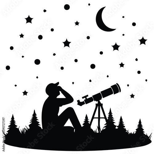 Man sitting on grass observing stars and moon in night sky through telescope vector illustration.