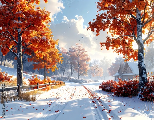 A serene snowy landscape with vibrant orange trees and a quaint house