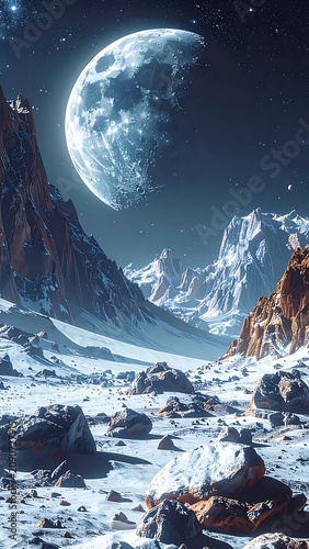 A serene snowy mountain landscape under a large moon