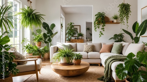 Serene modern living room overflowing with lush green houseplants, natural sunlight streaming through expansive windows, minimalist beige furniture, botanical sanctuary designed for relaxation,