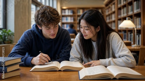 Two focused students collaboratively studying over open textbooks in well-lit library surrounded by wooden bookshelves and warm ambient lighting, capturing engaged academic learning moment
