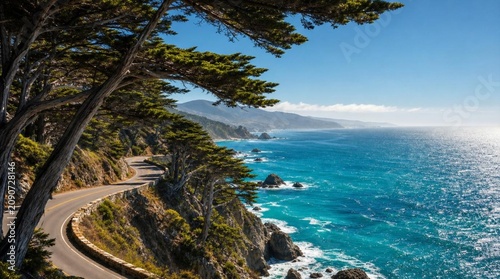 Scenic coastal highway winds dramatically through majestic cypress trees above glittering turquoise Mediterranean waters with rocky cliffs, white-capped waves, and mountain vistas beyond