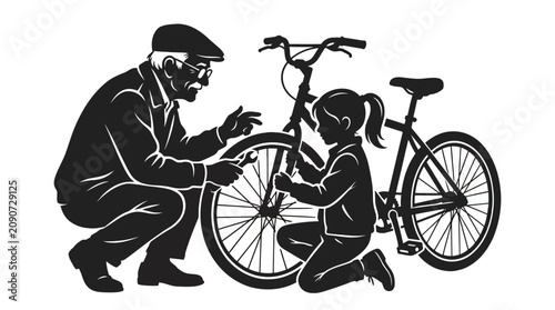 Photos Grandfather teaching granddaughter to fix bicycle wheel, generation bond, repair