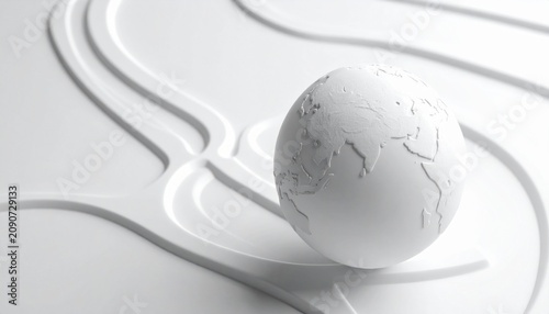 White globe with Asia outlines above flowing abstract lines, symbolizing global connectivity, geography, technology, and modern minimalistic design.