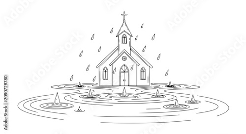 Drawn Church Flooded by Heavy Rain, Religious Building Submerged in Water
