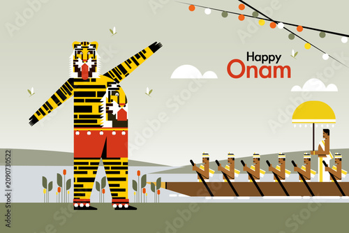 Happy Onam greeting vector illustration featuring traditional tiger dance and snake boat race, celebrating the vibrant cultural heritage of Kerala, India