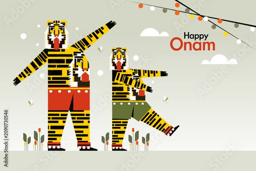 Happy Onam vector illustration featuring traditional Pulikali tiger dancers performing during Kerala's famous harvest festival celebration, showcasing vibrant folklore and cultural heritage