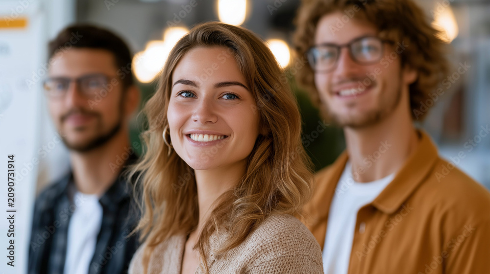 Fototapeta premium Diverse Team at Work: A portrait of three diverse colleagues, with a woman in the foreground smiling warmly, capturing a sense of camaraderie and professionalism in a modern workspace.