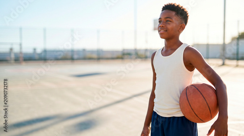 African American boy holding basketball on outdoor court