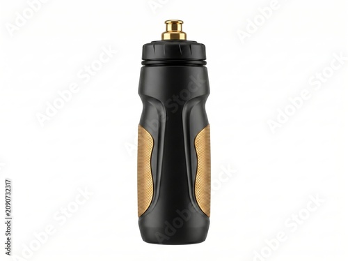 Matte Black Sports Water Bottle with Gold Grip Isolated on White Background