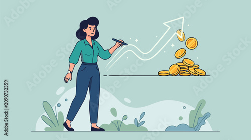 Optimistic vector illustration of woman sketching a glowing upward growth curve that becomes golden coins, symbolizing investment gains, savings success, profit strategy, and personal finance momentum