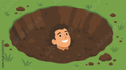 Smiling man buried up to his neck in a deep muddy pit, cheerful face looking upward from earthy hole, humorous flat vector metaphor for resilience, optimism and being stuck in adversity