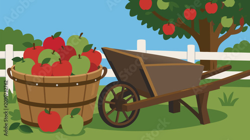 Rustic orchard harvest scene with brimming bushel of red and green apples beside a wooden farm wheelbarrow, sunny countryside vector illustration for markets, cider labels, produce ads, autumn decor