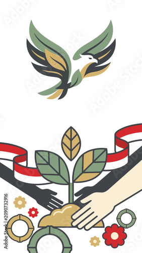 Indonesia Independence Day graphic showcasing hands supporting plant growth