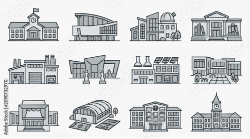 Konstfotografi Elegant Monochromatic Line Drawing Icons of Various Public and Educational Build