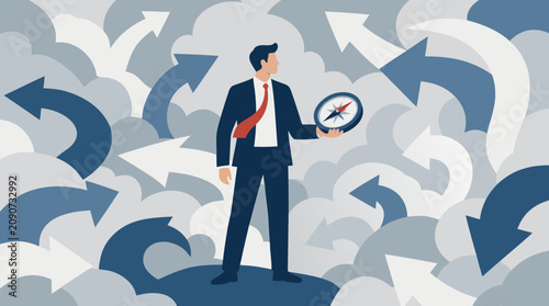 Confident businessman holding a compass amid swirling fog and giant arrows, vector concept for strategic direction, leadership, decision making, uncertainty, navigation, and career choices