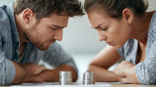 Unhappy young couple sitting at a table and staring strictly at divided stacks of coins.