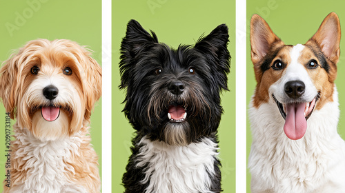 Collage of three happy different breed dogs smiling against a bright green background.