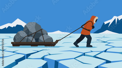 Lone explorer pulling a wooden sled loaded with massive boulders across cracked polar ice, a stark vector metaphor for hardship, endurance, climate danger, survival, and heavy responsibility