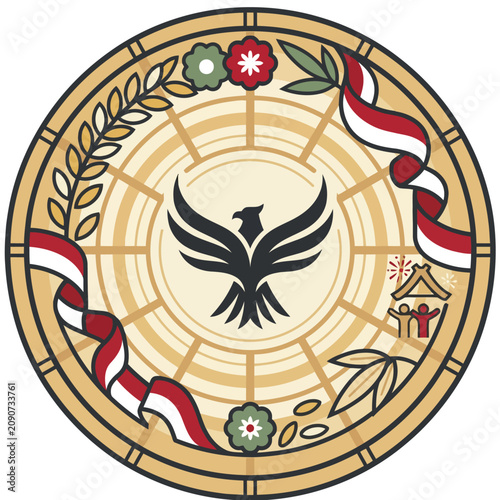 Round emblem design featuring Indonesia Independence Day symbols