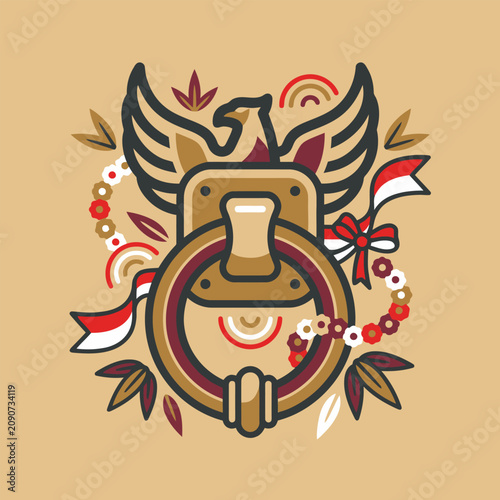 Cultural door knocker illustration with eagle design for Indonesia Independence Day