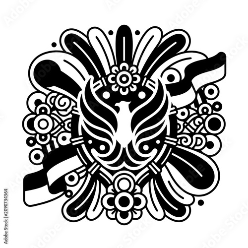 Ornate phoenix design surrounded by floral patterns celebrating Indonesian heritage