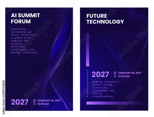 AI summit and future technology poster template set with dark purple tile background, neon wave lines, business conference typography and futuristic layout for digital event design