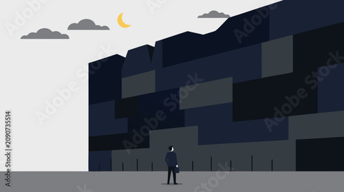 Tiny businessman standing before an enormous dark wall obstacle beneath a crescent sky, dramatic vector concept of challenge, uncertainty, resilience, strategy and overcoming barriers