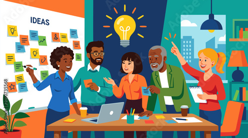 Diverse startup founders brainstorming around sticky notes with glowing lightbulb, vibrant vector scene of innovation, creative teamwork, planning, leadership, and fresh business ideas