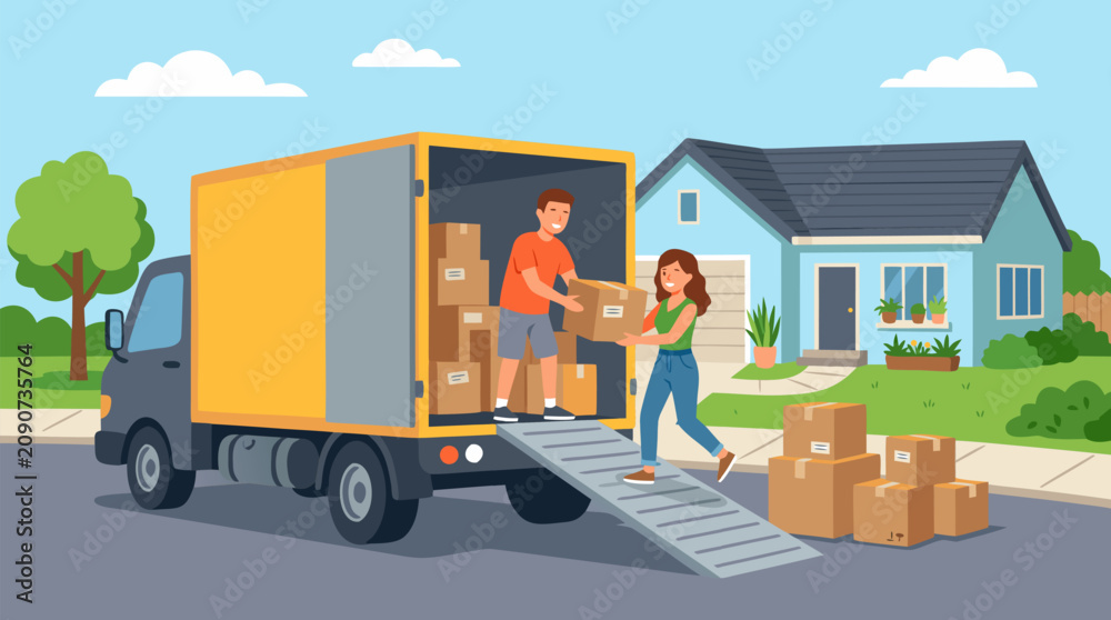Naklejka premium Happy couple loading cardboard boxes into yellow moving truck outside new suburban home, relocation day with ramp, driveway, packing cartons and fresh start real estate lifestyle scene