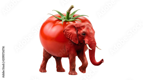 A large red elephant with the body of a ripe tomato and green stem on isolated on a white background, surreal food animal hybrid and creative