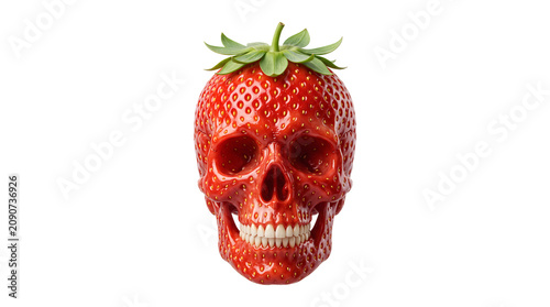 A realistic human skull shaped like a ripe red strawberry with green leaves on isolated on a white background, conceptual food and dark fantasy