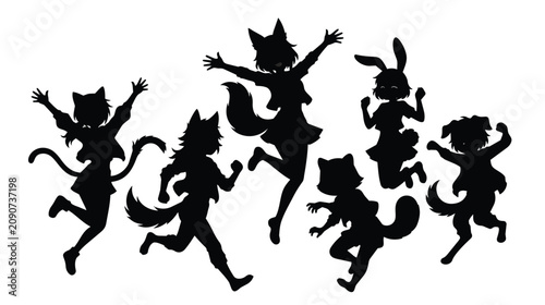 Tablou pe pânză Anime furry silhouette collection, jumping animal girl characters, black kemonom