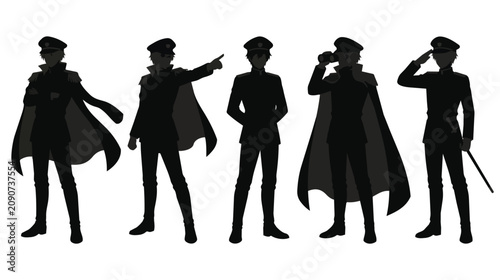Фотография Military officer silhouettes in uniform with capes, set of five army commander c
