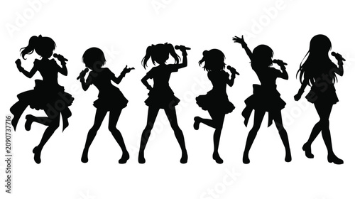 Tableau sur toile Anime idol girl silhouettes, female pop singer group performing on stage, 6 musi