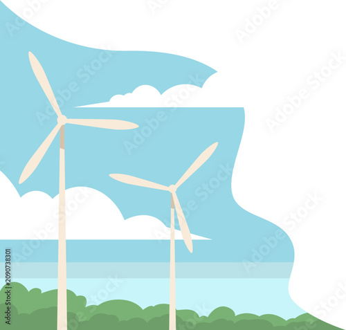 Wind turbines green energy landscape flat vector banner template