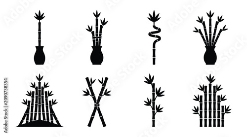Foto Lucky Bamboo Stalks and Potted Houseplants Silhouette Icon Set, Isolated Black I