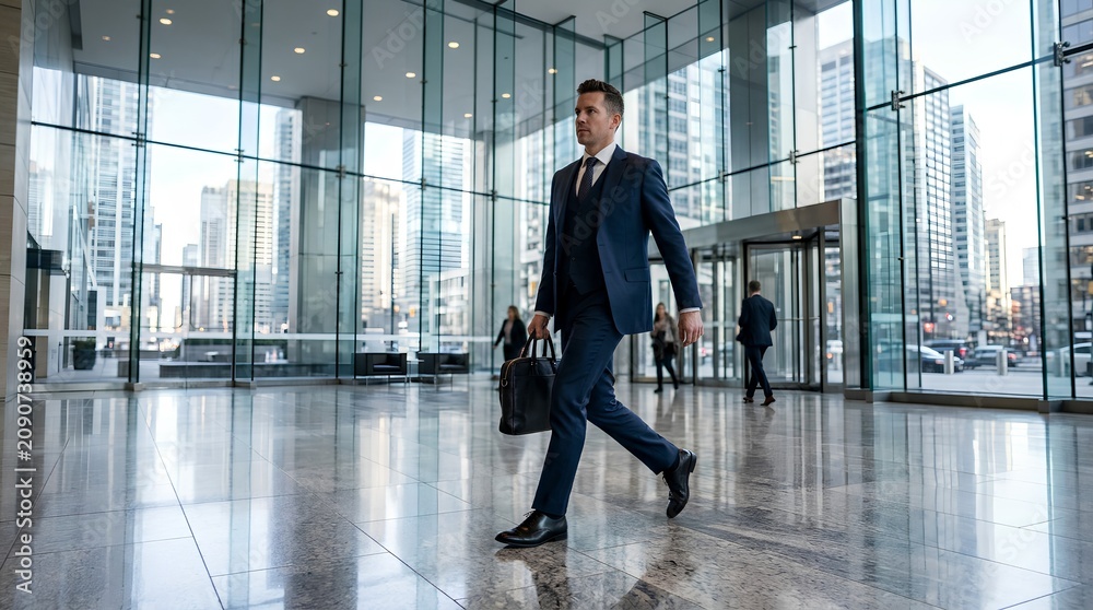 Fototapeta premium Confident Businessman in Navy Blue Suit Walking Briskly Through Modern Glass Office Lobby with City Skyline View, Carrying Black Briefcase, Corporate Professional in Motion, Executive Career Success