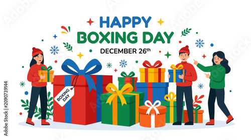 People celebrating Boxing Day with large gift boxes illustration.