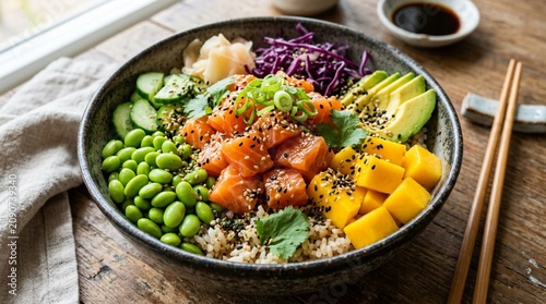 Vibrant Hawaiian poke bowl featuring seared salmon, edamame, fresh mango, cucumber, and sesame seeds with soy sauce and wooden chopsticks