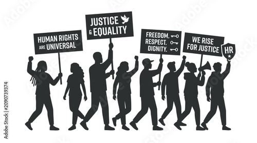 Silhouettes of diverse people marching for human rights.