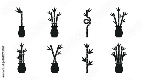 Foto Lucky Bamboo Stalks and Potted Houseplants Silhouette Icon Set, Isolated Black I