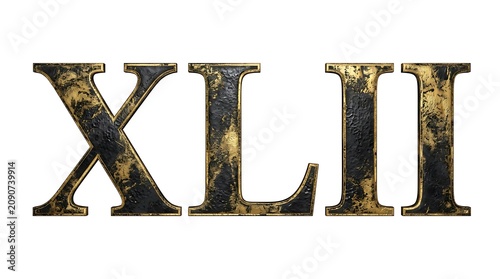 Elegant aged Roman numerals representing forty-two, featuring a luxurious distressed gold and dark textured finish, isolated on a clean white background