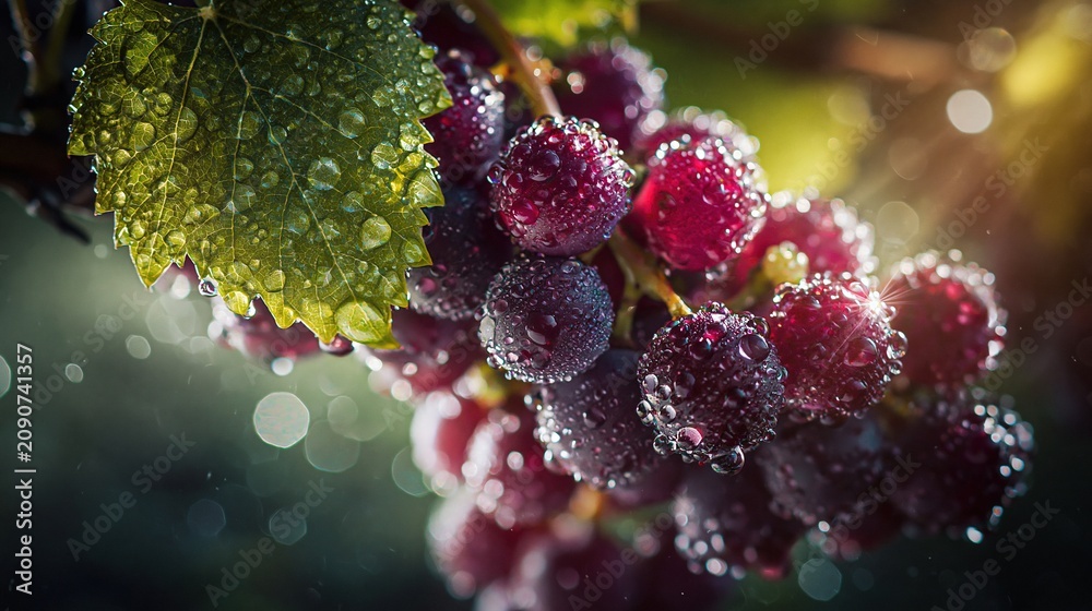 Obraz premium Close-up of a vibrant bunch of ripe red grapes glistening with water droplets on a vine, ready for harvest
