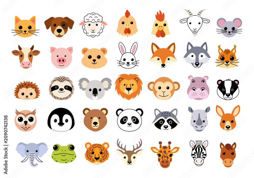 Obraz premium Cute animal faces collection featuring 35 cartoon animal head icons in a modern flat style. Vector setю Farm animals, wild animals, birds, and forest animals. Children's books, stickers, print design.